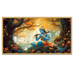 Illustration of God Krishna Sitting in Forest Religious Canvas Wall Painting