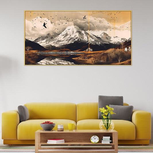 Flock of Birds Flying Over a Snowy Mountain Canvas Wall Painting
