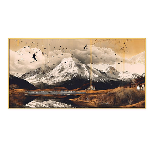 Flock of Birds Flying Over a Snowy Mountain Canvas Wall Painting