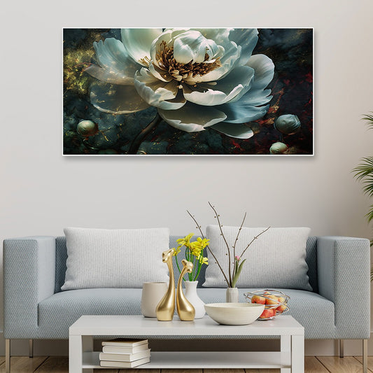 Big Panoramic White and Gold Floral Canvas Wall Painting