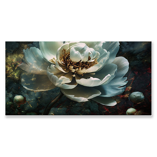 Big Panoramic White and Gold Floral Canvas Wall Painting