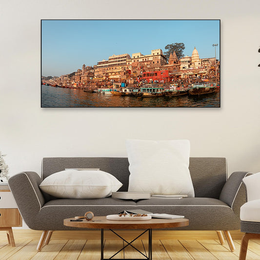 Beautiful View of Varanasi Ghats and Boats Canvas Wall Painting
