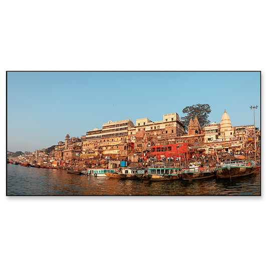 Beautiful View of Varanasi Ghats and Boats Canvas Wall Painting