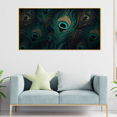 Beautiful Peacock Feather Painting in Dark Blue Background Canvas Wall Painting