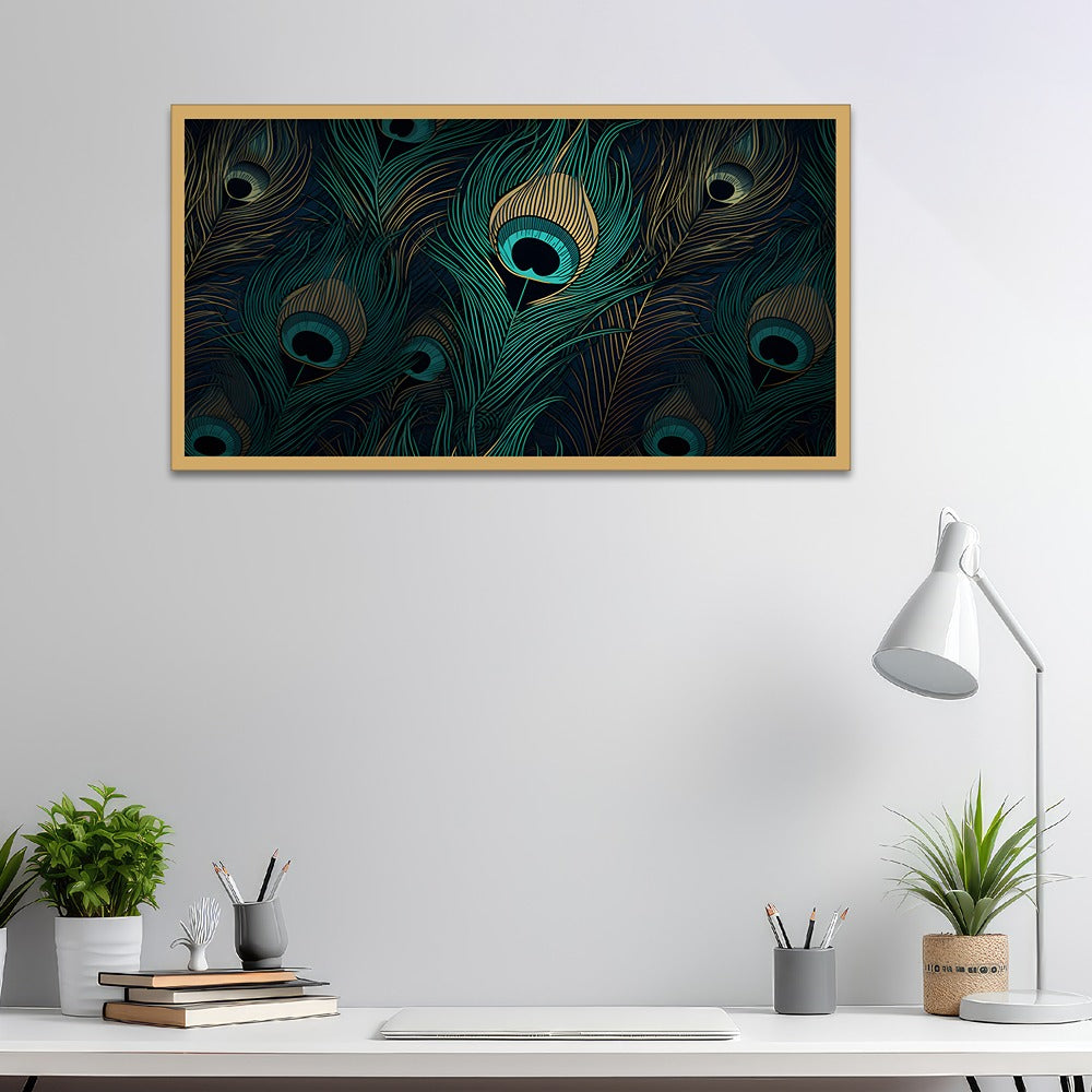 Beautiful Peacock Feather Painting in Dark Blue Background Canvas Wall Painting