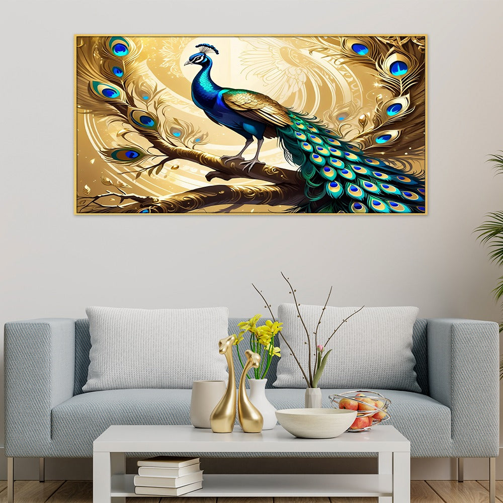 Golden Feathers Peacock Sitting on Tree Digital 3d Canvas Wall Painting