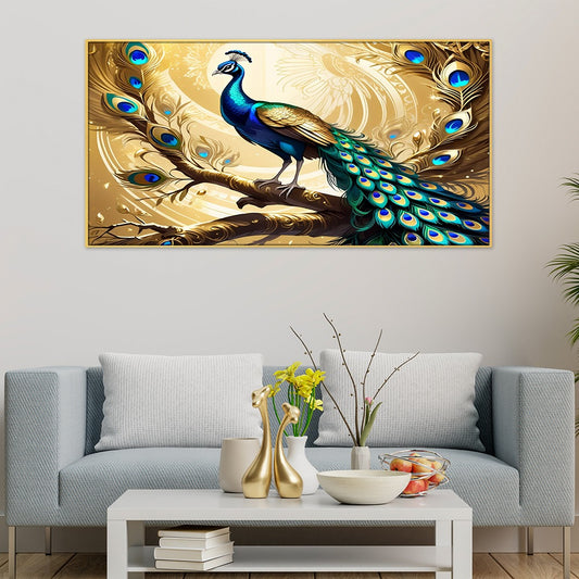 Golden Feathers Peacock Sitting on Tree Digital 3d Canvas Wall Painting