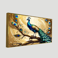 Golden Feathers Peacock Sitting on Tree Digital 3d Canvas Wall Painting