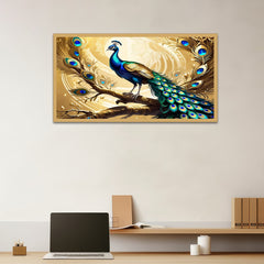 Golden Feathers Peacock Sitting on Tree Digital 3d Canvas Wall Painting