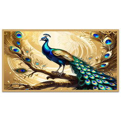 Golden Feathers Peacock Sitting on Tree Digital 3d Canvas Wall Painting