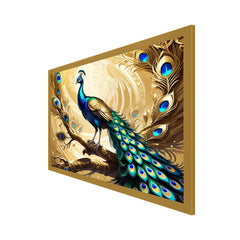 Golden Feathers Peacock Sitting on Tree Digital 3d Canvas Wall Painting