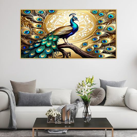 Colorful Golden Feathers Peacock Sitting on Tree 3d Canvas Wall Painting