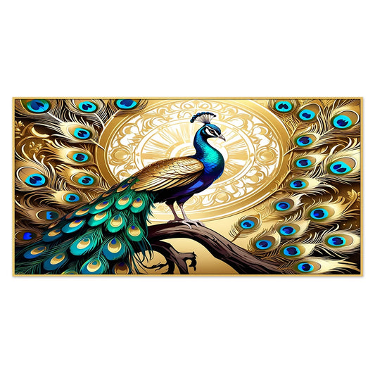 Colorful Golden Feathers Peacock Sitting on Tree 3d Canvas Wall Painting