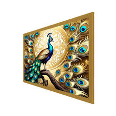 Colorful Golden Feathers Peacock Sitting on Tree 3d Canvas Wall Painting