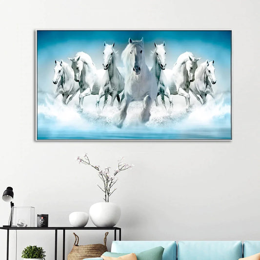 Equestrian Elegance Dynamic Seven Running Horses Floating Framed Canvas Wall Painting