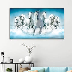 Equestrian Elegance Dynamic Seven Running Horses Floating Framed Canvas Wall Painting