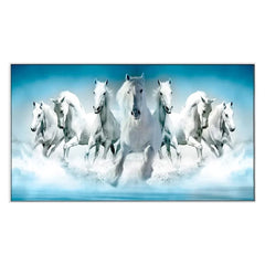 Equestrian Elegance Dynamic Seven Running Horses Floating Framed Canvas Wall Painting