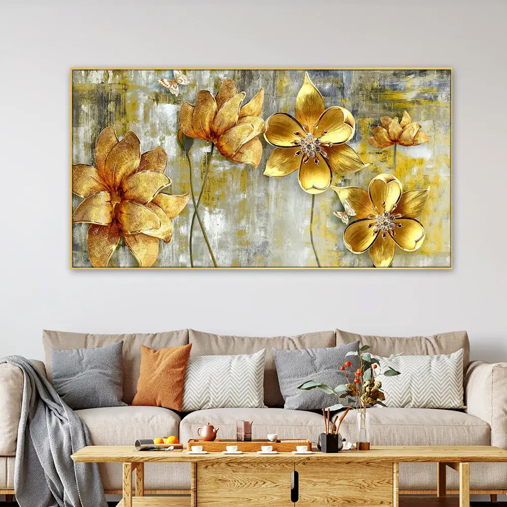 Gilded Blossoms Majestic Golden Flowers Panoramic Wood Frame Canvas Wall Painting for Home and Office Decor