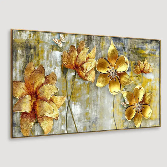 Gilded Blossoms Majestic Golden Flowers Panoramic Floating Framed Canvas Wall Painting