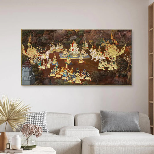 Traditional Thai painting art about Ramayana story on display at the temple Floating Frame Canvas Wall Painting