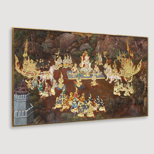 Traditional Thai painting art about Ramayana story on display at the temple Floating Frame Canvas Wall Painting