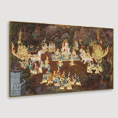 Traditional Thai painting art about Ramayana story on display at the temple Floating Frame Canvas Wall Painting for Home and Office Décor