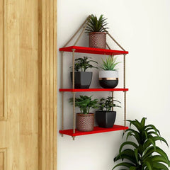 Wall Hanging Wooden 3 Layers Rectangular Shape Decorative Planter with Rope