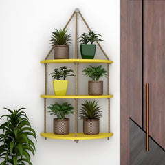 Hanging 3 Layers Wall Hanging Planter with Rope - Wooden Yellow Planter