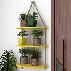 Hanging 3 Layers Wall Hanging Planter with Rope - Wooden Yellow Planter