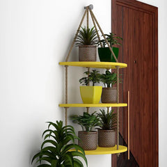 Hanging 3 Layers Wall Hanging Planter with Rope - Wooden Yellow Planter