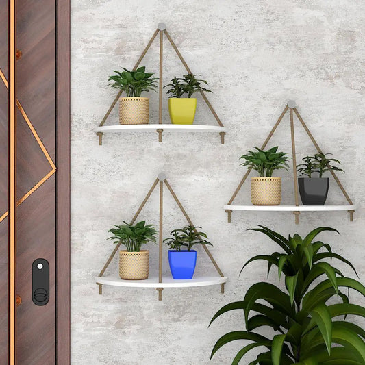 Wooden Wall Hanging Curve Shape Wooden Planter with Rope Set of 3