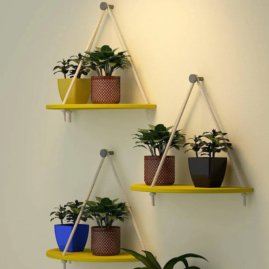 Wooden Wall Hanging Curve Shape Wooden Planter with Rope Set of 3