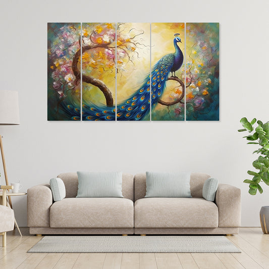 Beautiful Peacock Multiple Frames Canvas Wall Art Painting for Wall Décor Set of 5