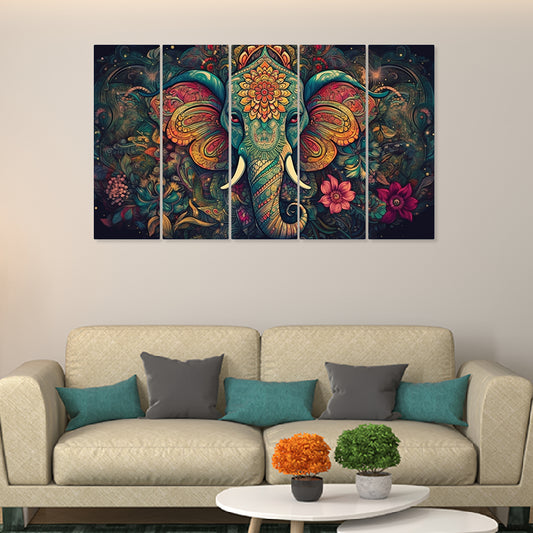 Vastu Multicolor Elephant Head Multiple Frames Canvas Wall Painting Set of 5