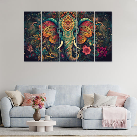 Vastu Multicolor Elephant Head Multiple Frames Canvas Wall Painting Set of 5