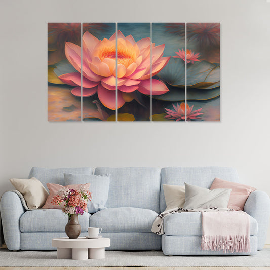 Pink Lotus Flower Leaves Vastu Wall Painting for Wall Decoration Set of 5