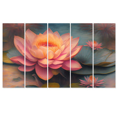 Pink Lotus Flower Leaves Vastu Wall Painting for Wall Decoration Set of 5