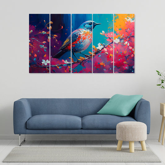 Multicolor Bird Nature Multi Frame Canvas Wall Painting Set of 5