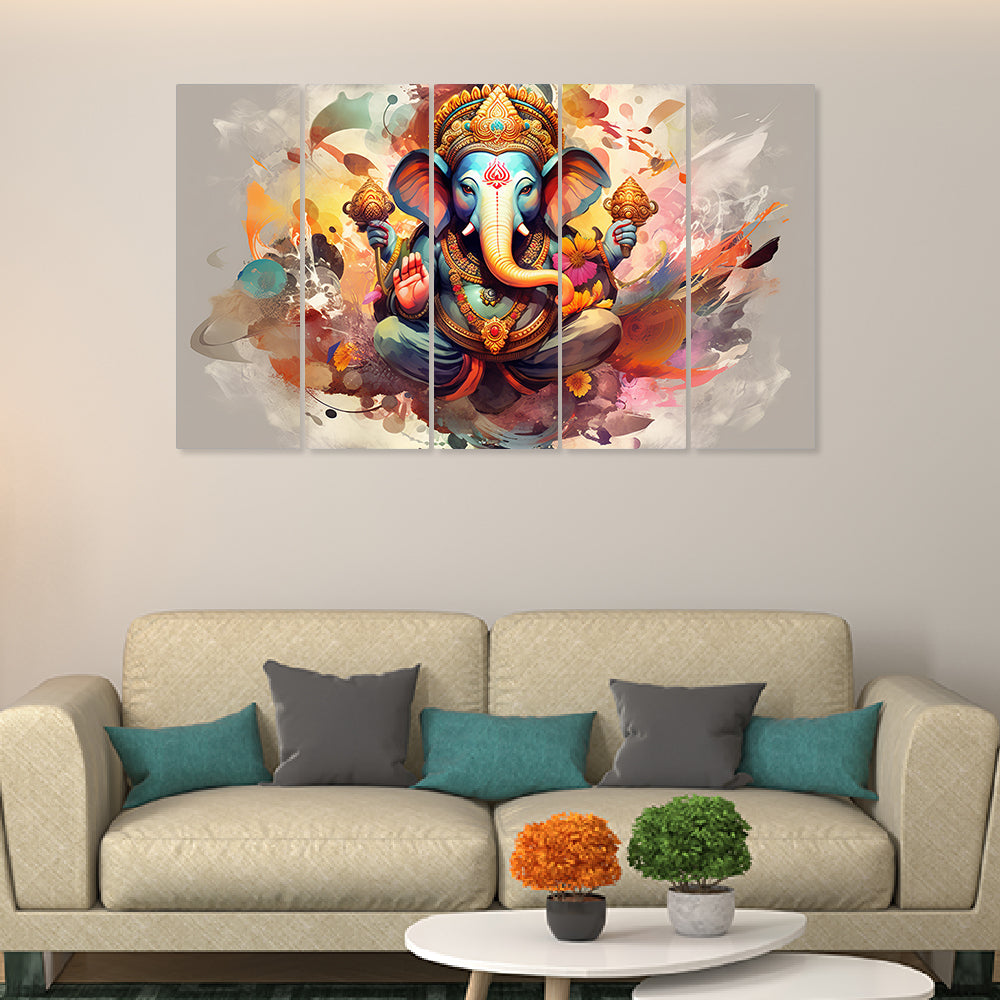 Colorful Multiple Frame Lord Ganesha Canvas Wall Painting for Wall Decoration Set of 5