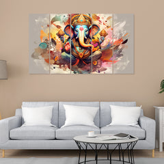 Colorful Multiple Frame Lord Ganesha Canvas Wall Painting for Wall Decoration Set of 5