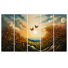 Multiple Frame Beautiful Sunrise Nature Wall Painting for Wall Décor Set of 5