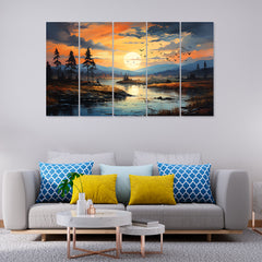 Multicolor Multiple Frames Beautiful Sunrise Nature Wall Painting Set of 5