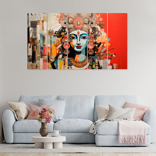 Indian Mythology Symbols and Deities in Abstract Style Multiple Frames Canvas Wall Paintings