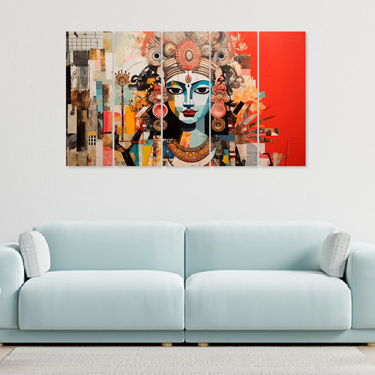 Indian Mythology Symbols and Deities in Abstract Style Multiple Frames Canvas Wall Paintings