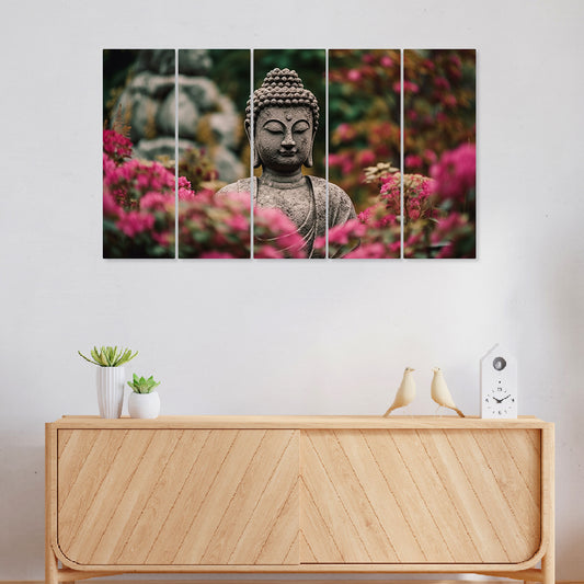 Budha with Flowers Painting with Frame Big Size(24x40) Wall Art for Home Decoration