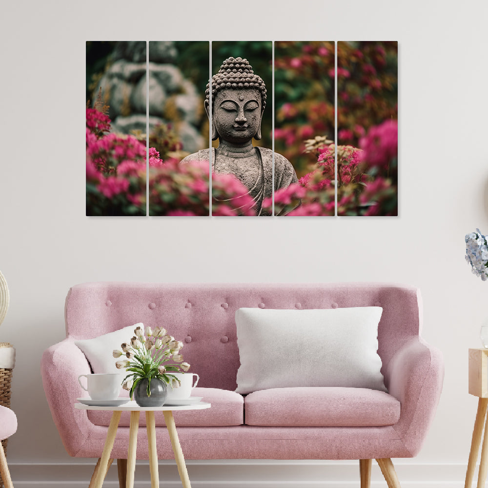 Budha with Flowers Painting with Frame Big Size(24x40) Wall Art for Home Decoration