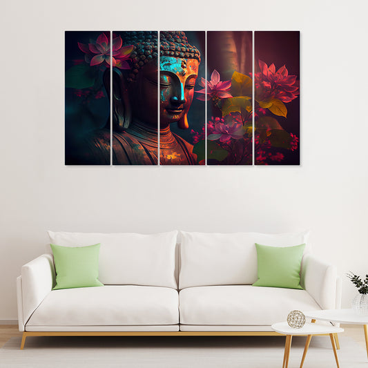 Buddha with Flowers Painting with Frame Big Size (24x40) Wall Art for Living Room | dspnl737