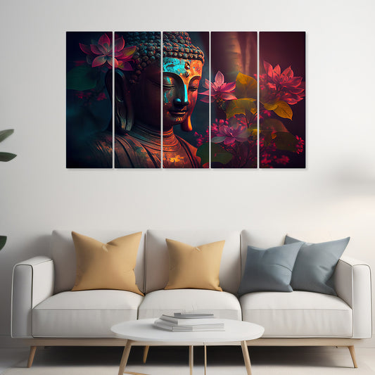 Buddha with Flowers Painting with Frame Big Size (24x40) Wall Art for Living Room | dspnl737