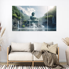 Lord Budha Meditating Painting with Set of 5 Multiple Frame Big Size Canvas Painting