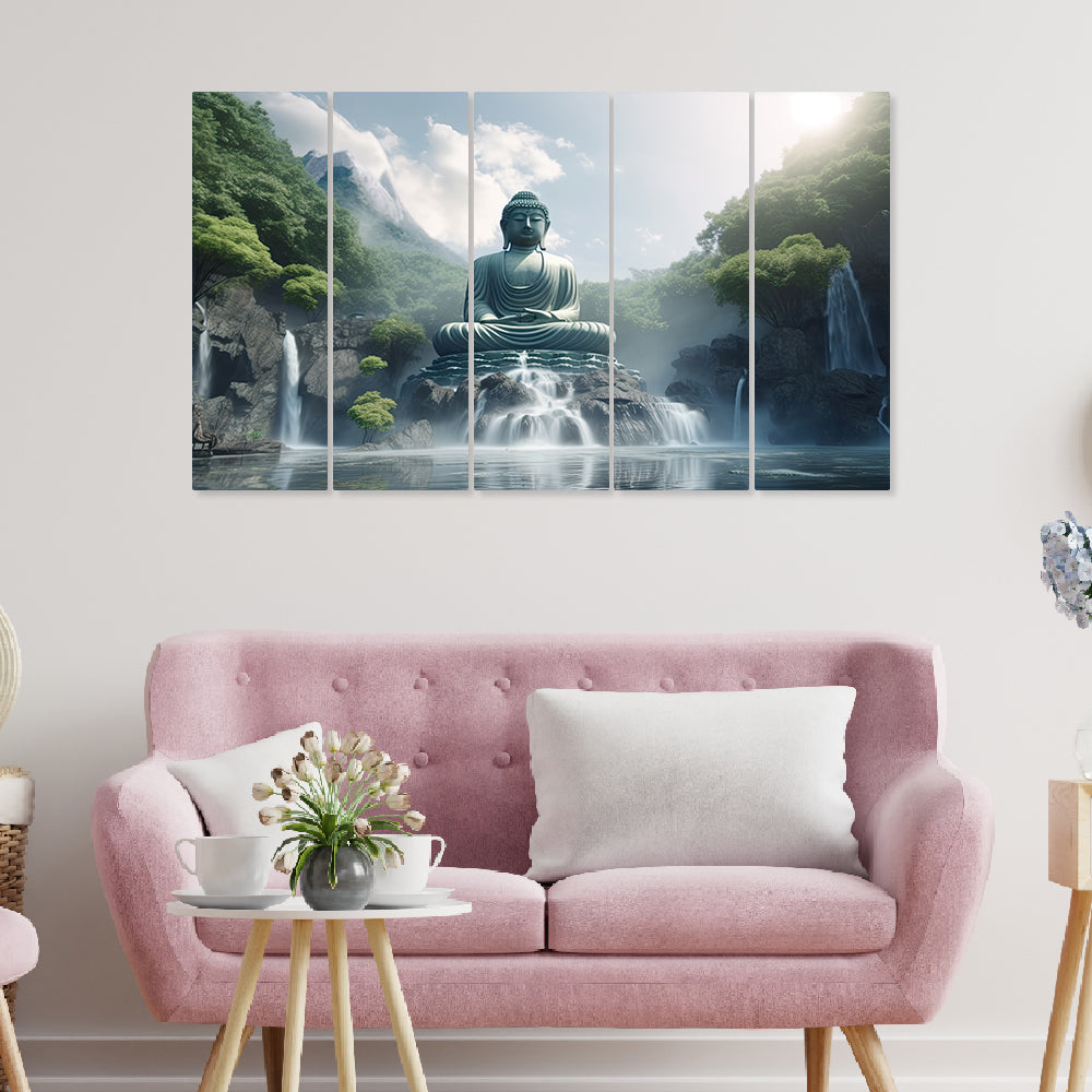 Lord Budha Meditating Painting with Set of 5 Multiple Frame Big Size Canvas Painting